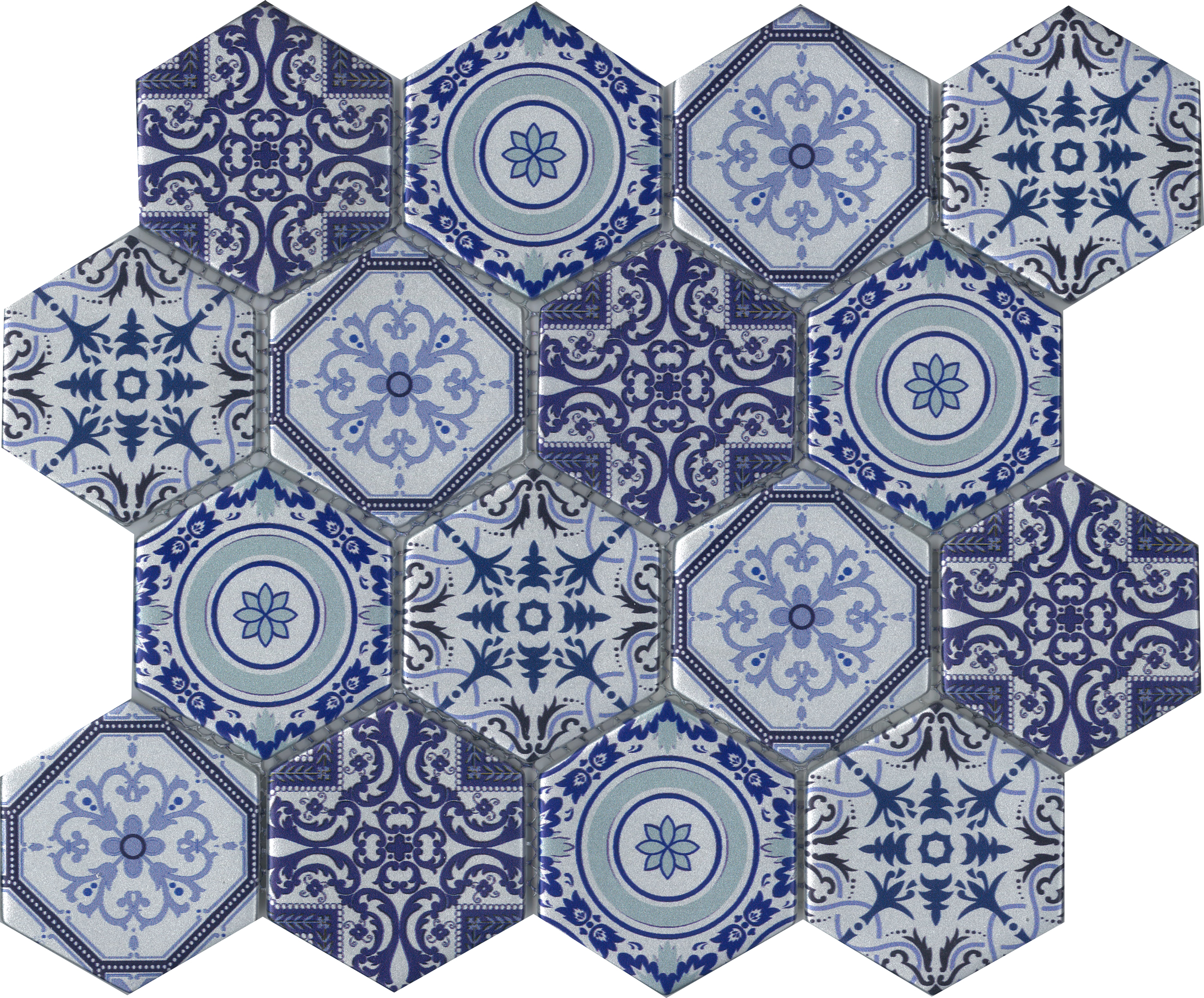 Arabia Blue Patterned Hexagon Satin